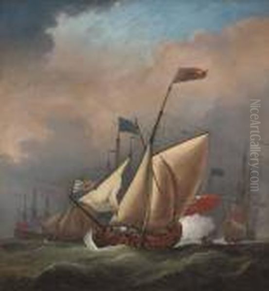 A Royal Yacht Firing A Salute To Announce Her Arrival At The Fleet Anchorage Oil Painting by Peter Monamy