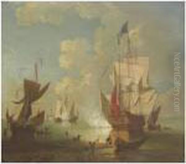 The Evening Gun, A British Man Of War And Other Shipping In Acalm Oil Painting by Peter Monamy