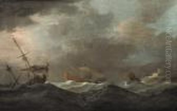 Shipping In Stormy Seas Near A Rocky Coast With A Fortress Oil Painting by Peter Monamy