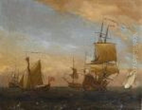 A Squadron Of The Red Gathered 
Together With Two Admiralty Yachts Nearby, One Firing A Salute As She 
Approaches The Flagship Oil Painting by Peter Monamy