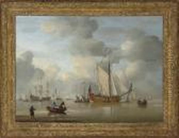 An English Royal Yacht Standing Offshore In A Calm Oil Painting by Peter Monamy