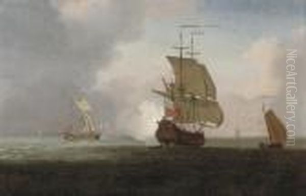 A Two-decker Announcing Her 
Arrival At The Anchorage, With An Admiralty Yacht Running Out To Meet 
Her Oil Painting by Peter Monamy