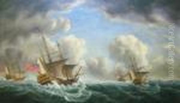 Theenglish Fleet In A Heavy Sea Oil Painting by Peter Monamy