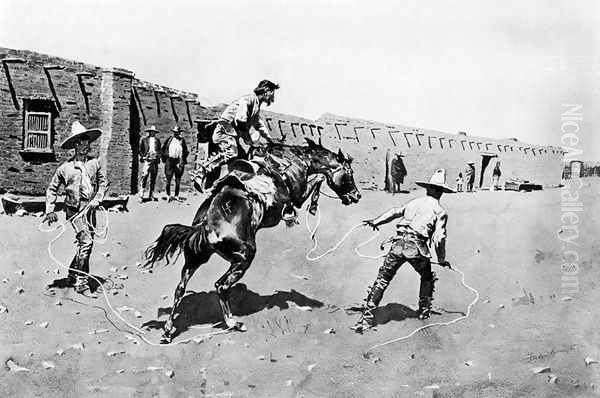 Mexican Vaqueros Breaking a 'Bonc' Oil Painting by Frederic Remington