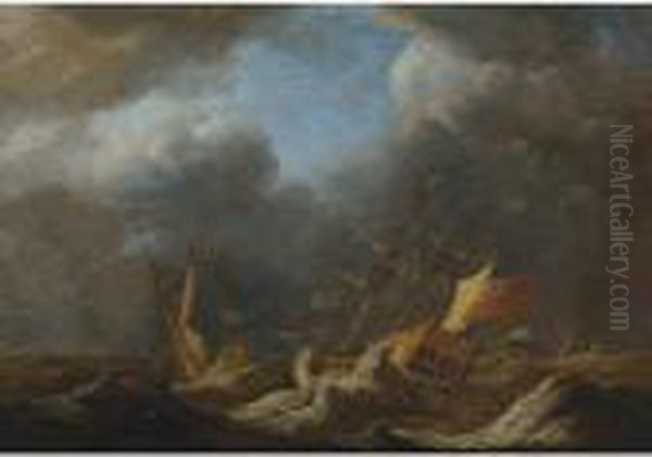 The Katherine And The Royal Caroline In Choppy Seas Oil Painting by Peter Monamy