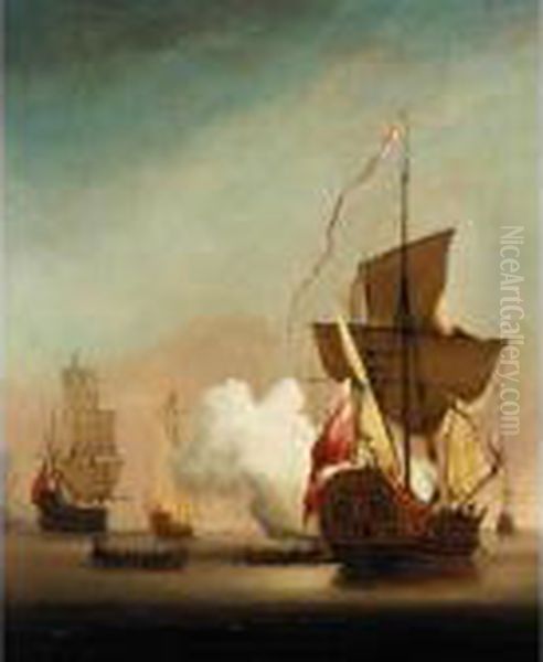 A Coastal Scene With Man O' War At Anchor Oil Painting by Peter Monamy