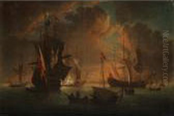 Seascape With A Man O' War Firing A Salute Oil Painting by Peter Monamy