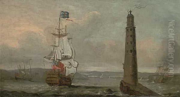 A British Man-o'war Running Past The Eddystone Lighthouse Oil Painting by Peter Monamy