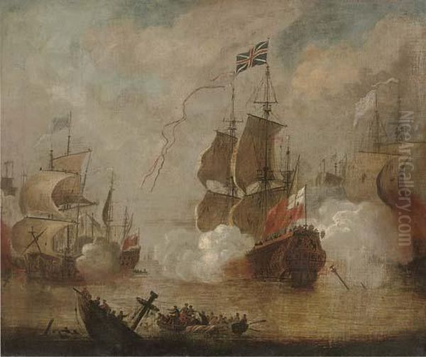 An English Flagship In Action During The Third Anglo-dutch War Oil Painting by Peter Monamy