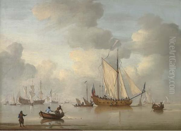 An English Royal Yacht Standing Offshore In A Calm Sea Oil Painting by Peter Monamy