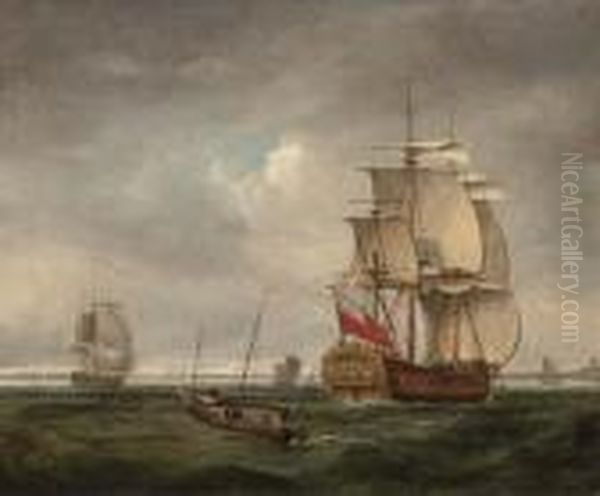 An English Frigate Coming Into Port And Making Ready Toanchor Oil Painting by Peter Monamy