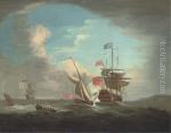 An Admiralty Yacht Joining A Squadron Of The Red Sailingoffshore Oil Painting by Peter Monamy