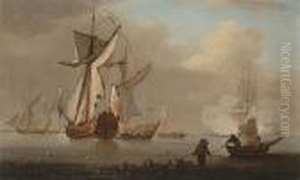 A Group Of Official Yachts Arriving At An Anchorage And Receiving A Salute Oil Painting by Peter Monamy