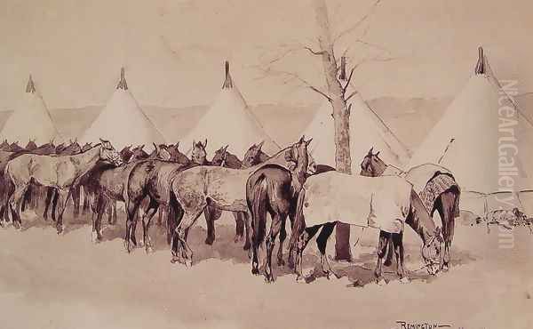 A Troop Picket Line Of The Sixth United States Cavalry Camp At Rapid Creek Oil Painting by Frederic Remington