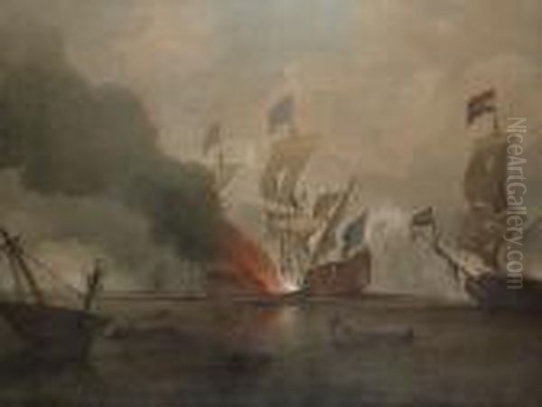 The Destruction Of The 'royal James' During The Battle Of Solebay, 28th. May 1672 Oil Painting by Peter Monamy