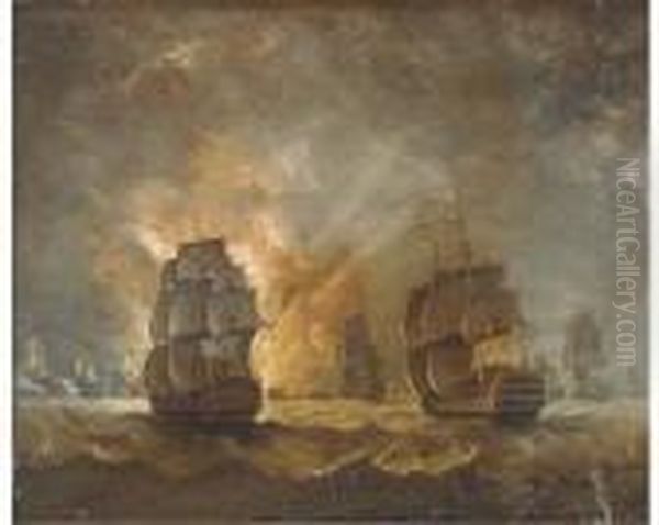 A Naval Battle Oil Painting by Peter Monamy