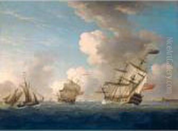 British Men Of War Of The Red Squadron And Other Shipping At Sea In A Light Breeze Oil Painting by Peter Monamy