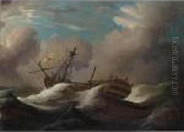 Aman-o-war Dismasted In Heavy Seas Oil Painting by Peter Monamy