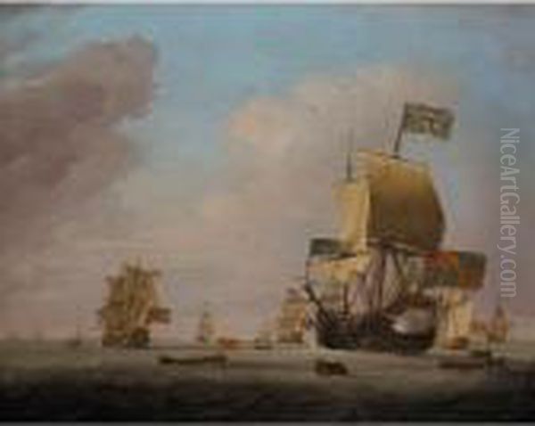 The Albemarle 80/90 Guns-flagship Of Admiral Of The Fleet Sir
 John Leake, Kt. The English Fleet Coming To Anchor In The Bay Of
 Barcelona, 15th May 1708. Leake Saluted The Town With 21 Guns And
 Called A Council Of War On Board His Flagship Prior To T Oil Painting by Peter Monamy