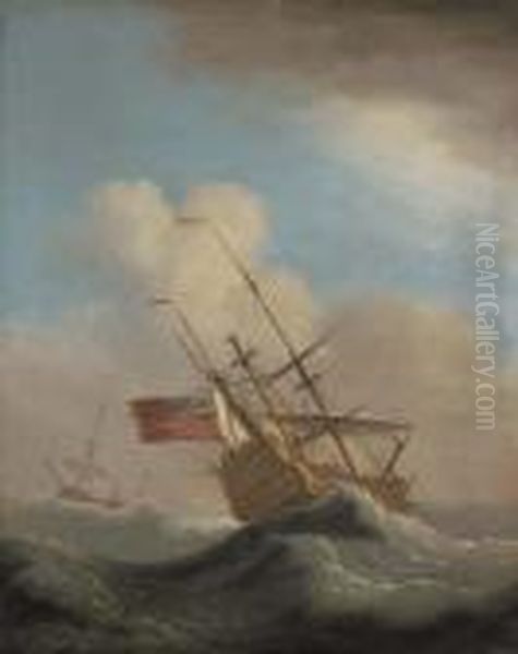 Man-o'-war In A Swell, With Another Ship Beyond Oil Painting by Peter Monamy