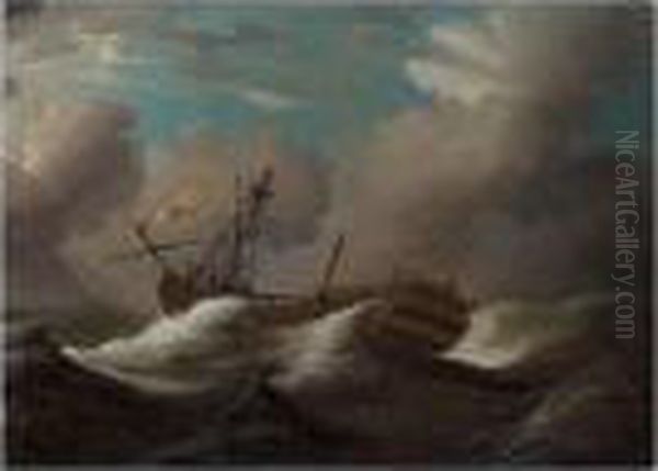 A Man-o'-war Dismasted In Heavy Seas Oil Painting by Peter Monamy