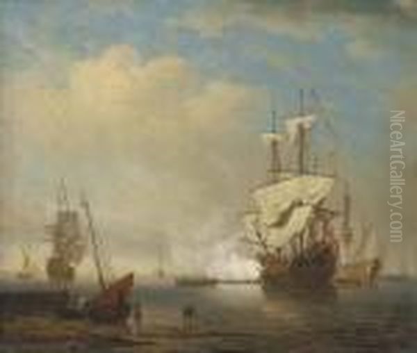 A Flagship Arriving At Her Anchorage To Join The Squadron Of The Red Oil Painting by Peter Monamy