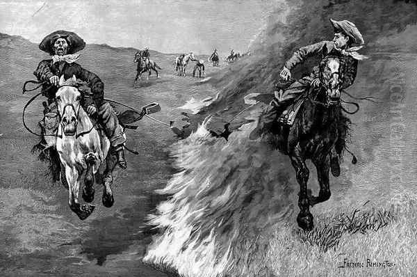 Dragging a Bull's Hide over a Prairie Fire in Northern Texas Oil Painting by Frederic Remington