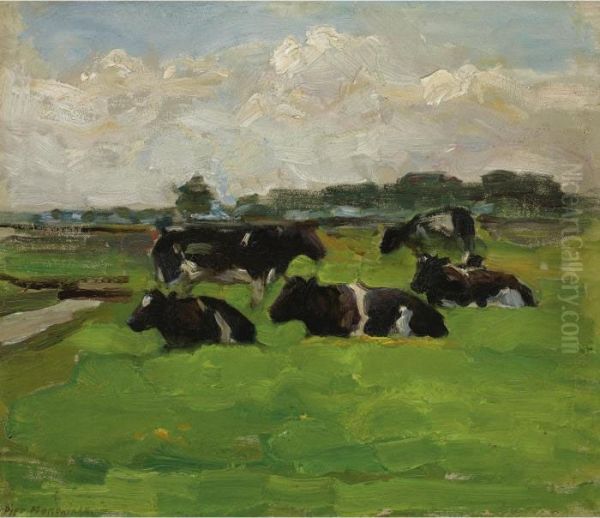 Polder Landscape With Group Of Five Cows Oil Painting by Piet Mondrian