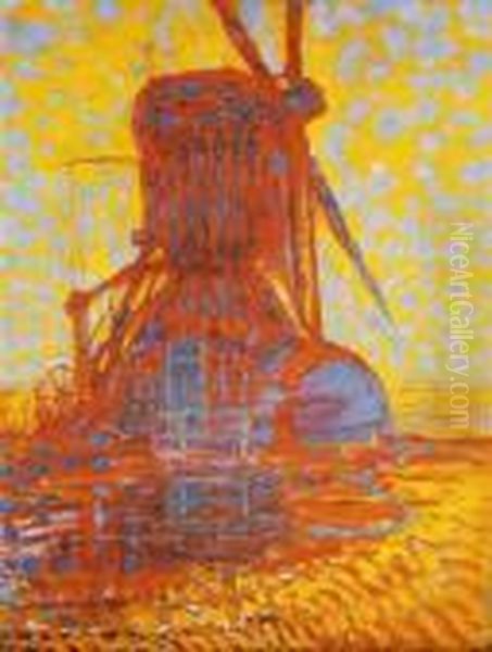 Le Moulin Au Soleil Rouge Oil Painting by Piet Mondrian