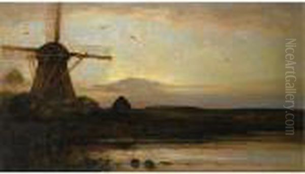 Oostzijdse Mill With Extended Light Blue, Yellow And Violet Sky Oil Painting by Piet Mondrian