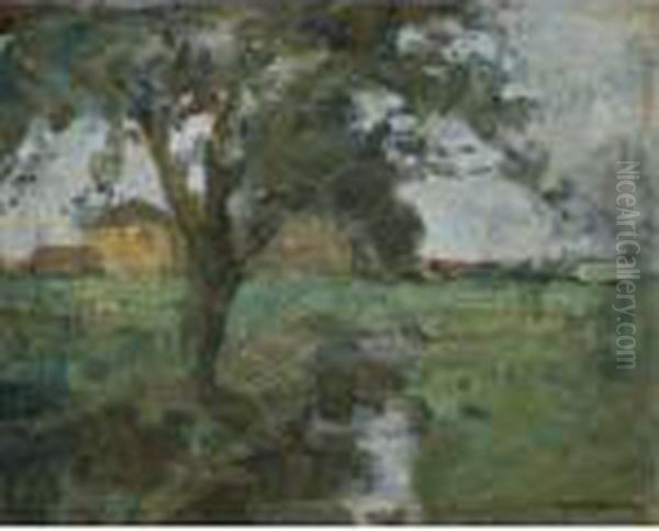 Farm Setting With Foreground Tree And Irrigation Ditch Oil Painting by Piet Mondrian