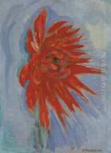 Red Chrysanthemum On Blue Background Oil Painting by Piet Mondrian