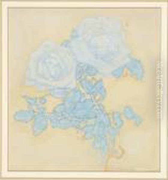 Two Blue Roses On Yellow Ground (1921) Oil Painting by Piet Mondrian