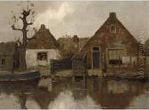 Two Gabled House Facades Along A Canal Oil Painting by Piet Mondrian