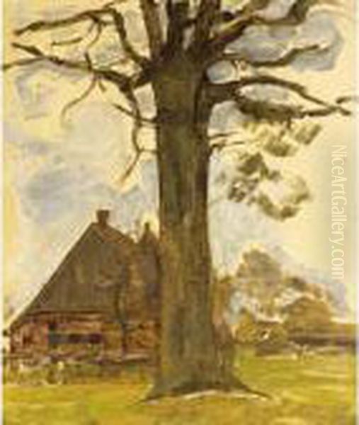 Farmstead Facade With Leafless Oak Oil Painting by Piet Mondrian