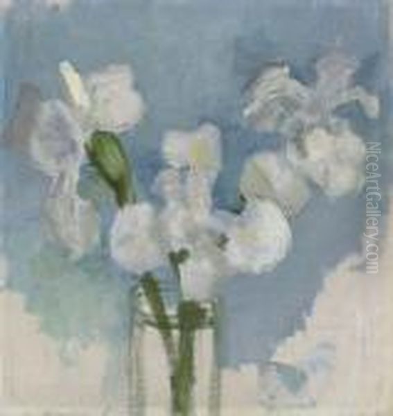 White Irises Against A Light Blue Background, I Oil Painting by Piet Mondrian