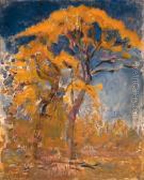 Two Trees With Orange Foliage Against Blue Sky Oil Painting by Piet Mondrian