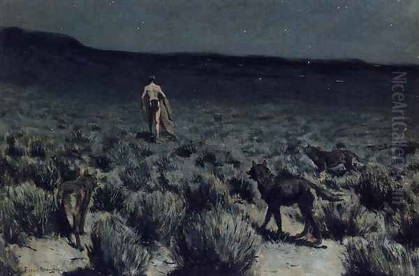 The Wolves Sniffed Along on the Trail, but Came No Closer Oil Painting by Frederic Remington