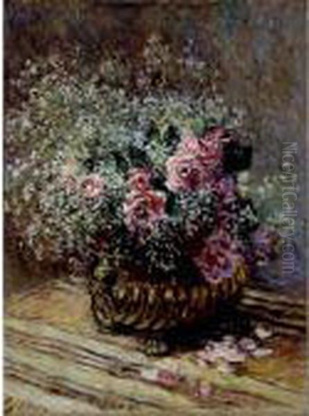 Fleurs Dans Un Pot (roses Et Brouillard) Oil Painting by Claude Oscar Monet