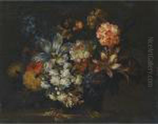 A Still Life Of Lillies, Honeysuckle And Other Flowers In A Vase On A Ledge Oil Painting by Jean-Baptiste Monnoyer