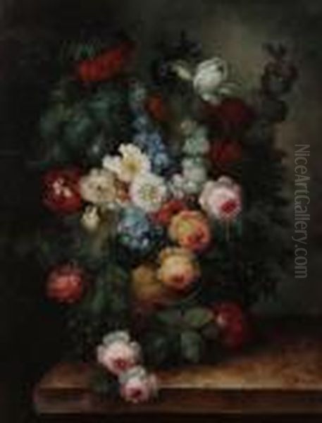 Flowerpiece Of Roses, Tulips, 
Iris, Speedwell In An Urn On A Ledge, Together With Another Similar With
 Fruit Oil Painting by Jean-Baptiste Monnoyer