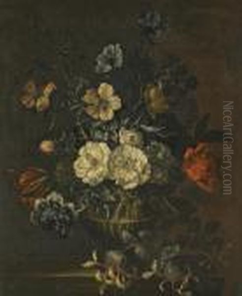 A Still Life With Honeysuckle, 
Chrysanthenums, A Tulip And Other Flowers In A Stone Vase, On A Stone 
Ledge Oil Painting by Jean-Baptiste Monnoyer