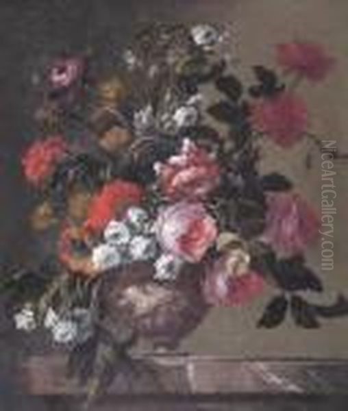 Still Life Of Flowers In An Urn On A Marble Ledge Oil Painting by Jean-Baptiste Monnoyer