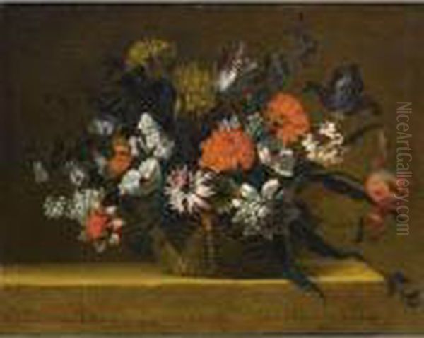 Natura Morta Con Cestino Di Fiori Oil Painting by Jean-Baptiste Monnoyer