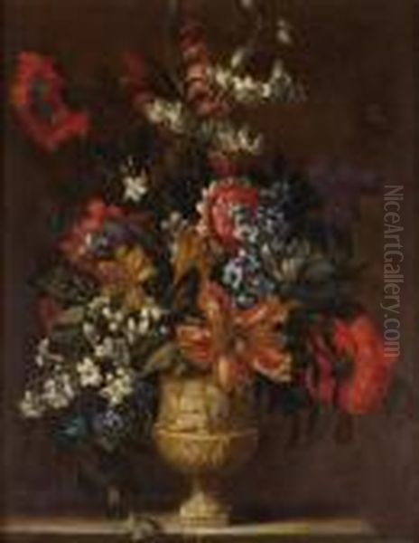 Bouquet De Fleurs Dans Un Vase En Marbre Oil Painting by Jean-Baptiste Monnoyer