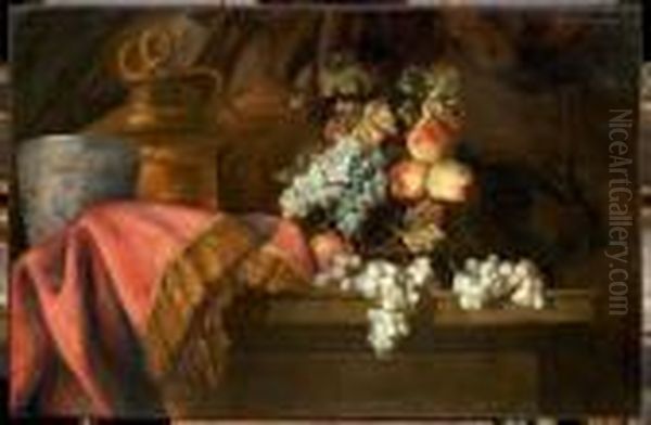 Nature Morte Aux Raisins Avec Un
 Vase En Bronze Cisele Et Dored'apres Un Dessin De Polydore Oil Painting by Jean-Baptiste Monnoyer