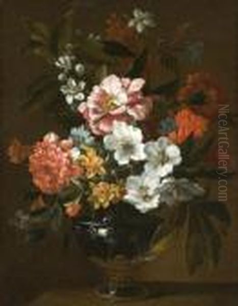 Bouquets De Fleurs Sur Un Entablement Oil Painting by Jean-Baptiste Monnoyer