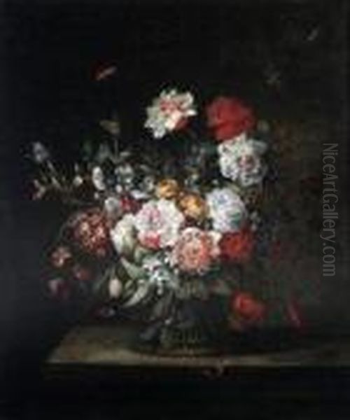 A Study Of Flowers In A Basket On A Shelf With Butterflies Andmoths Oil Painting by Jean-Baptiste Monnoyer