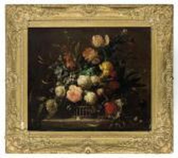 Peonies, Tulips, Carnations And Other Flowers In A Wicker Basket,on A Stone Ledge Oil Painting by Jean-Baptiste Monnoyer