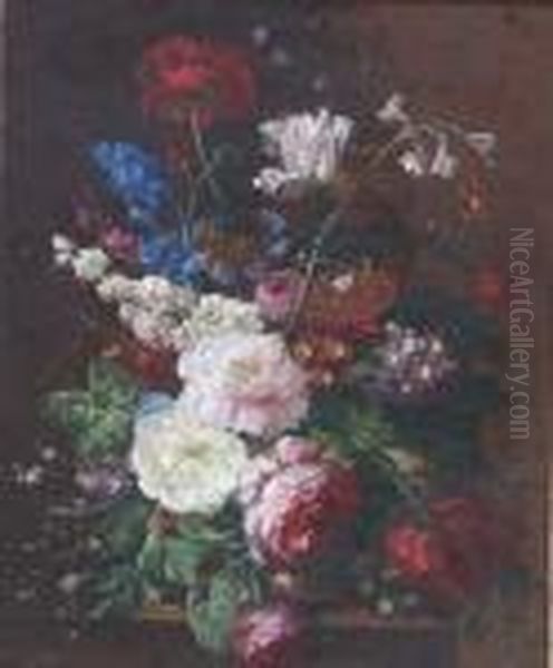 A Basket Of Mixed Flowers Upon A Tableledge Oil Painting by Jean-Baptiste Monnoyer